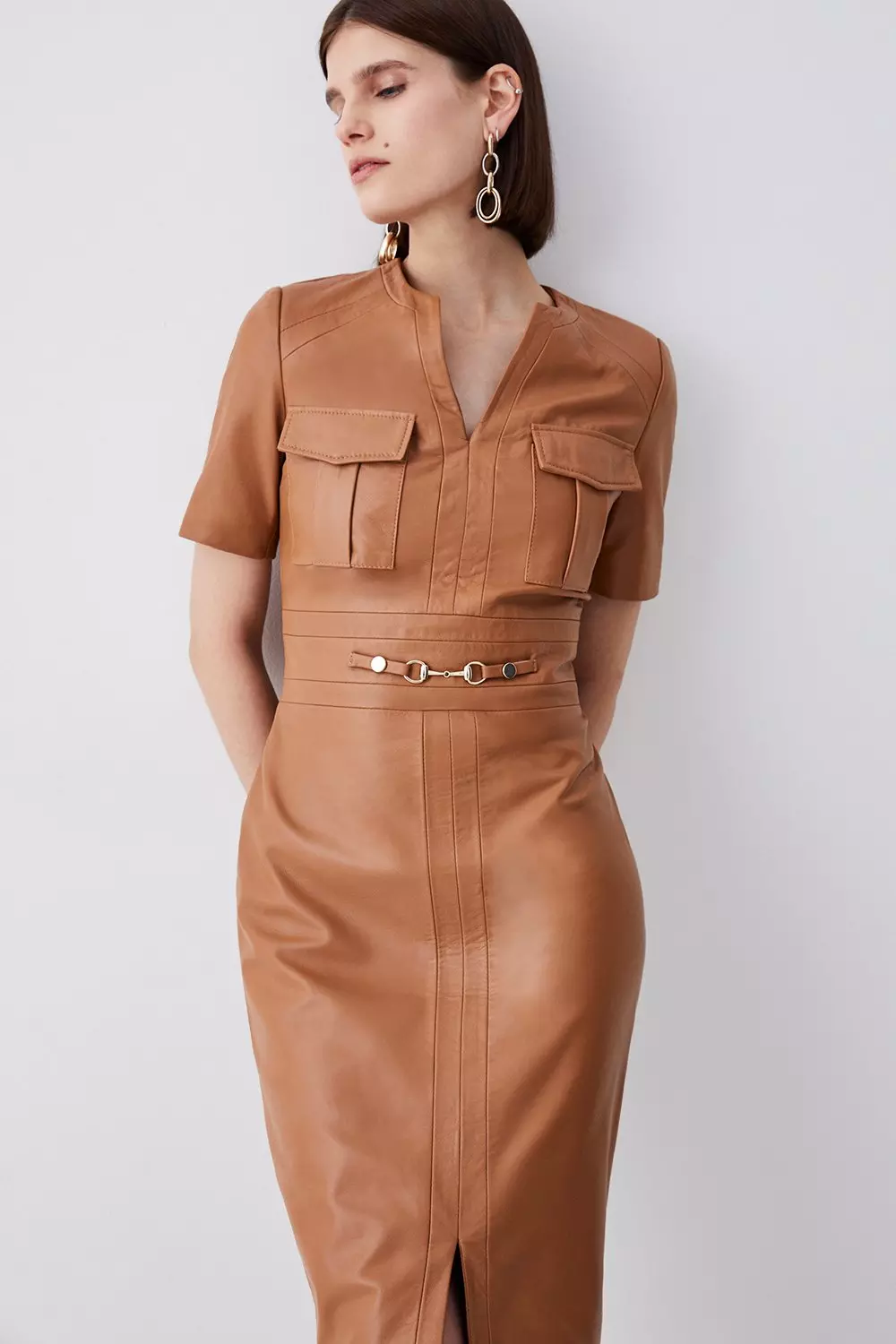 Camel Leather Short Sleeve Snaffle Trim Pencil Midi Dress alternative image