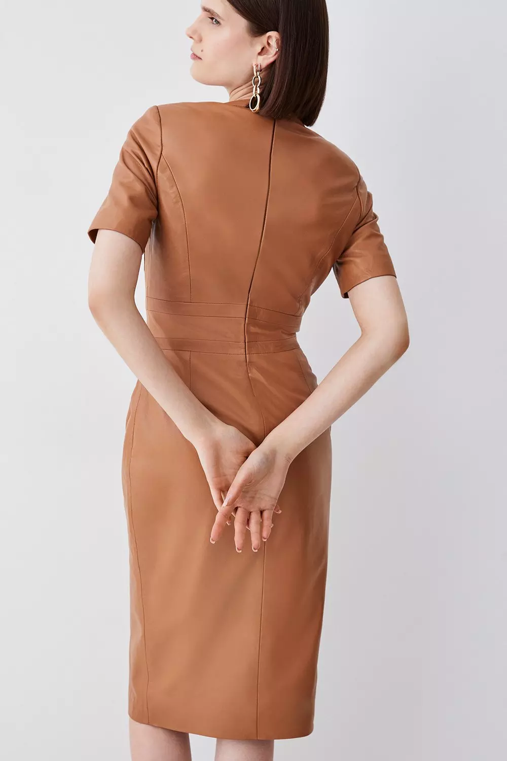 Camel Leather Short Sleeve Snaffle Trim Pencil Midi Dress alternative image