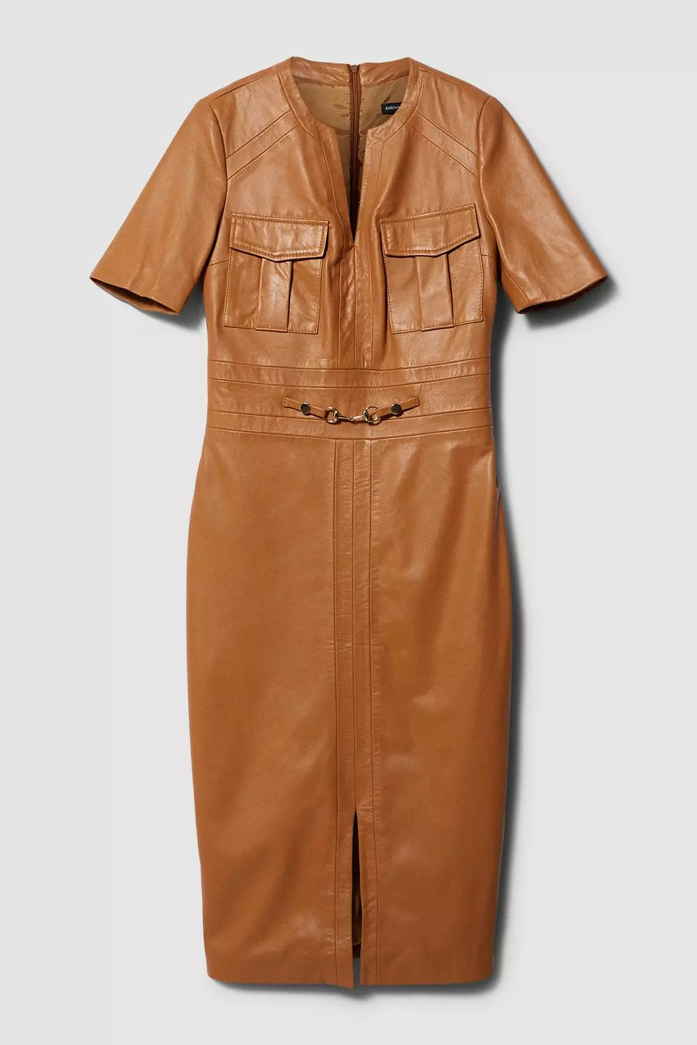 Camel Leather Short Sleeve Snaffle Trim Pencil Midi Dress alternative image