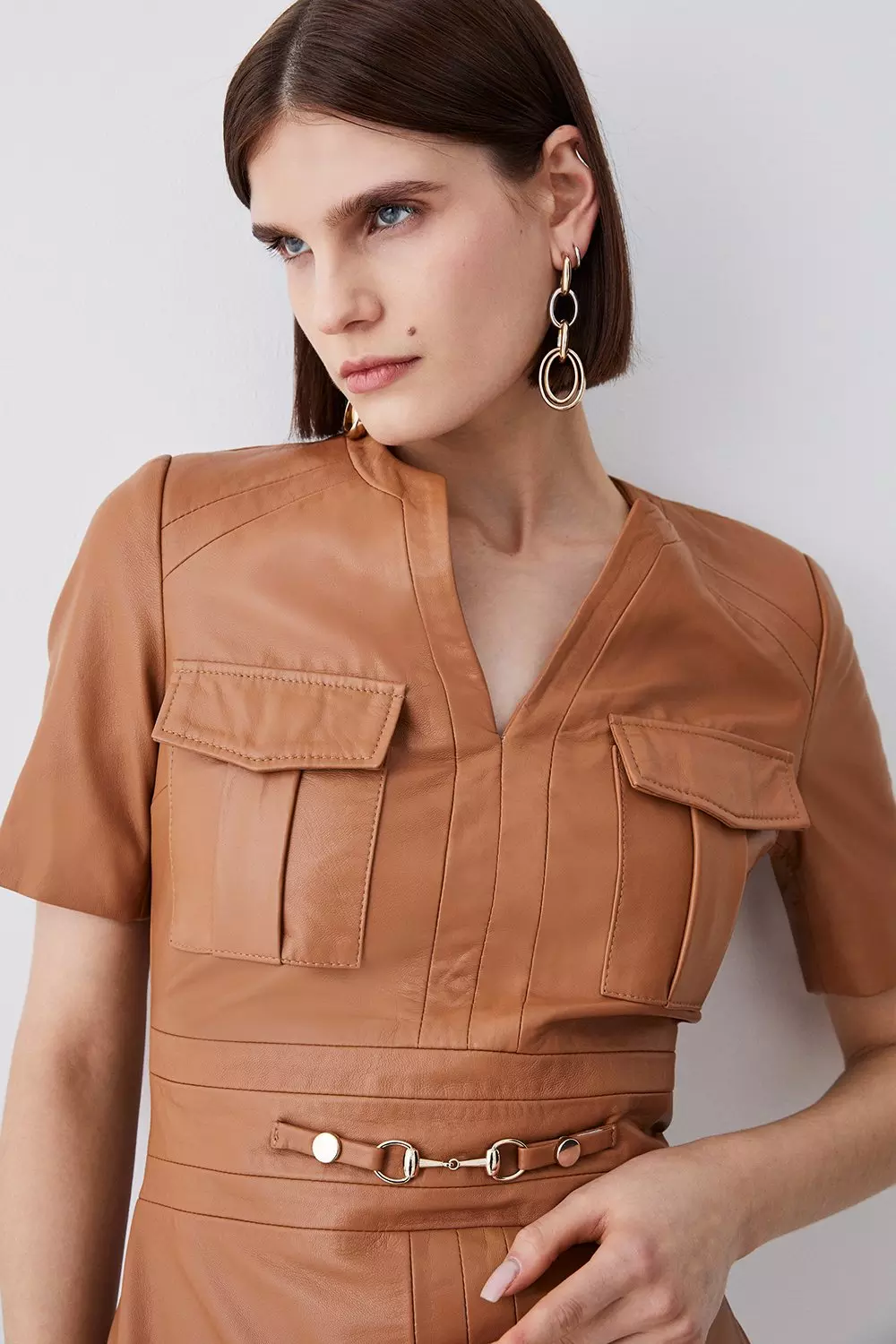 Camel Leather Short Sleeve Snaffle Trim Pencil Midi Dress alternative image