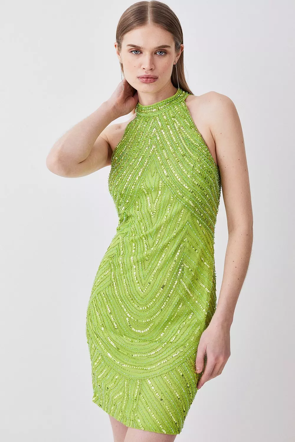 Crystal Embellished Halter Neck Woven Mini Dress | Karen Millen