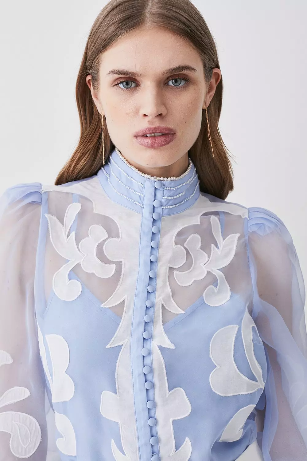 Organdie Applique Buttoned Woven Blouse | Karen Millen
