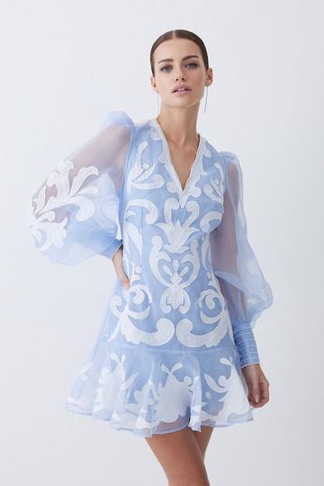 Petite Applique Organdie Buttoned Woven Mini Dress blue