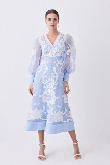 Blue Petite Applique Organdie Buttoned Woven Maxi Dress