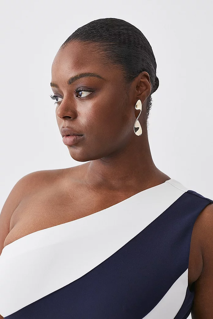Plus Size One Shoulder Sleeveless Color Block Ponte Midi Plus Size One Shoulder Sleeveless Color Block Ponte Midi