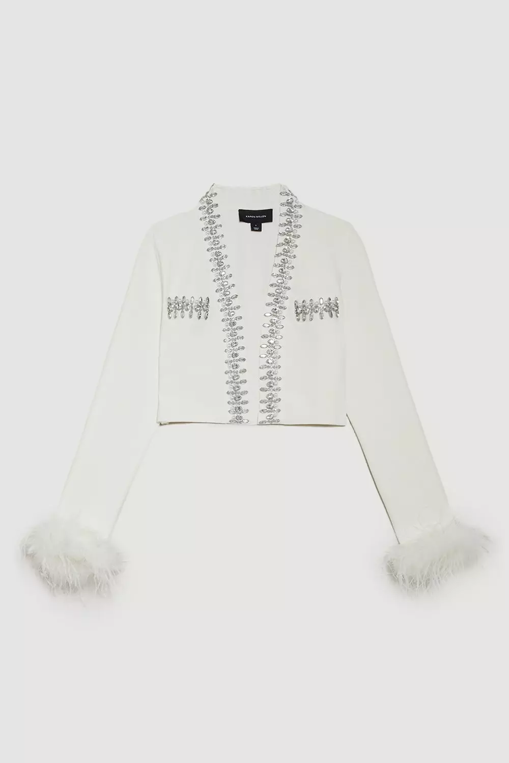 関送込【KAREN MILLEN】スケッチ風フローラル織りカウルバック Embellished Bandage Jacket With Feather Cuff | Karen Millen