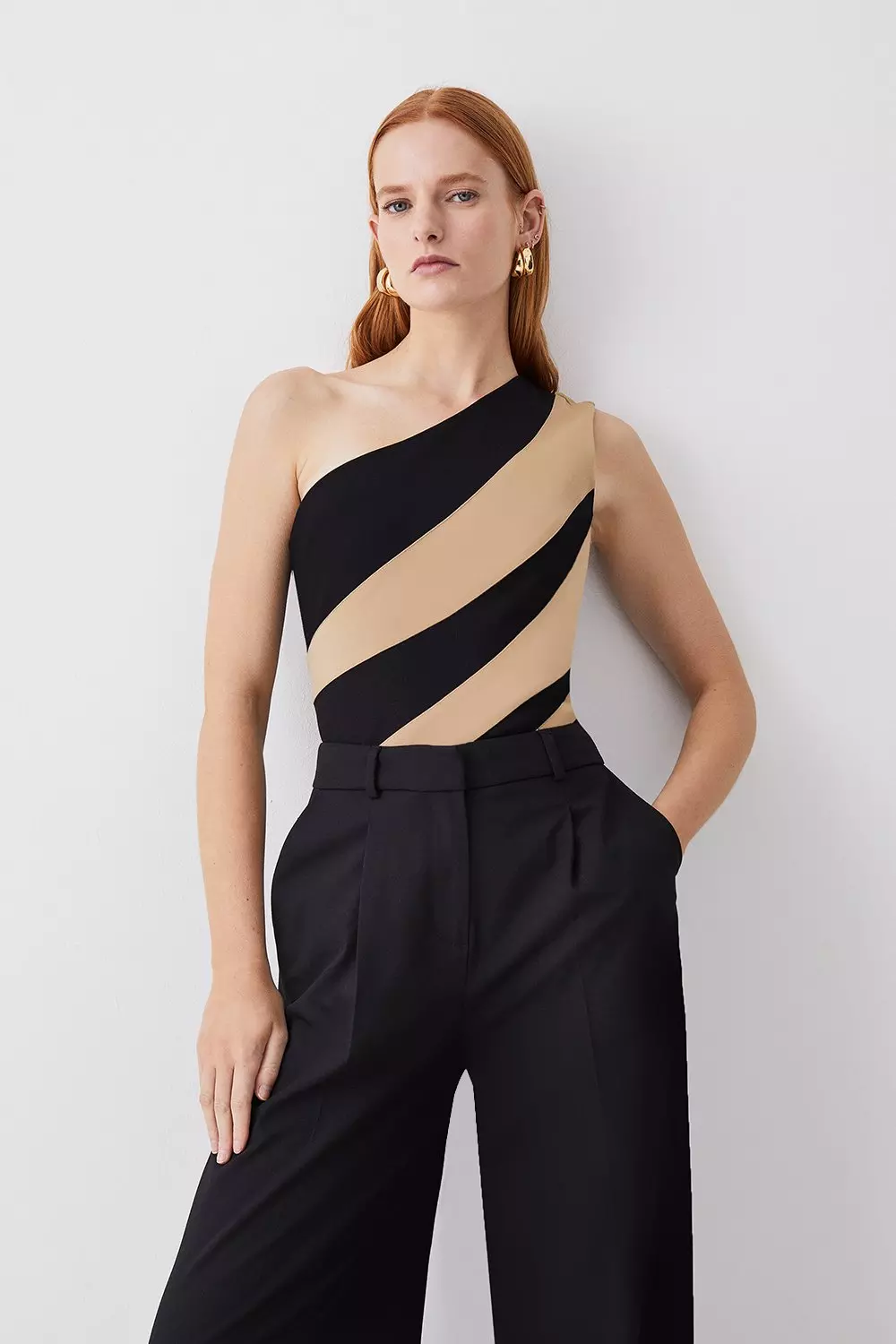 One Shoulder Sleeveless Colour Block Ponte Top | Karen Millen