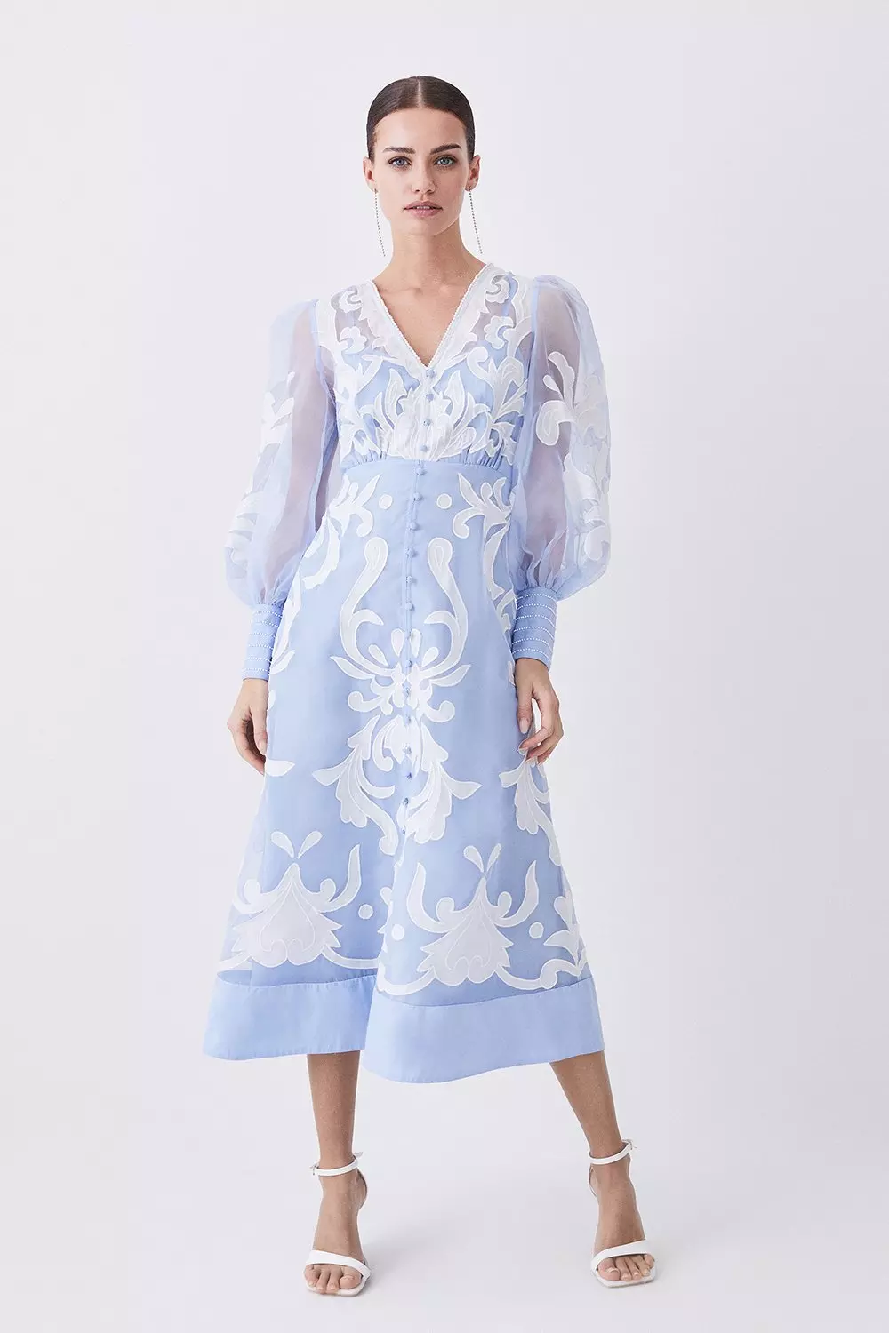 Applique Organdie Buttoned Woven Midi Dress | Karen Millen