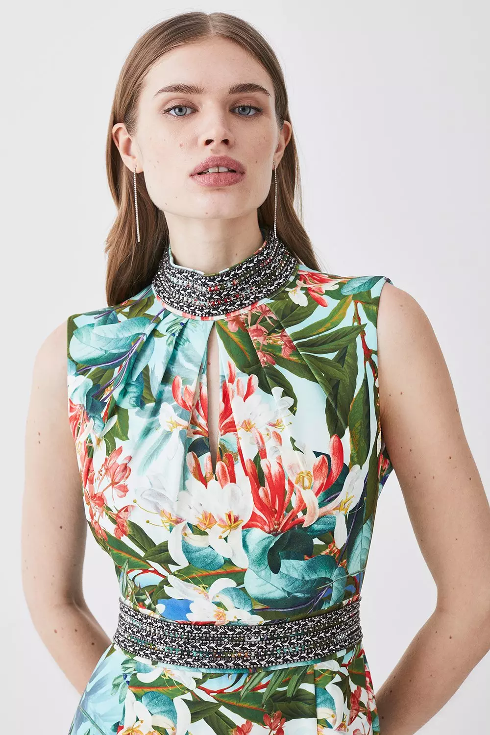 【Karen Millen】 ディアマンテ トリム ミディドレス Plus Size Diamante Trim Floral Woven Maxi Dress | Karen Millen