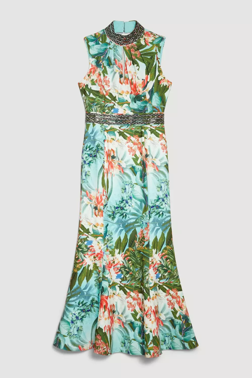 Diamante Trim Palm Floral Woven Midi Dress | Karen Millen