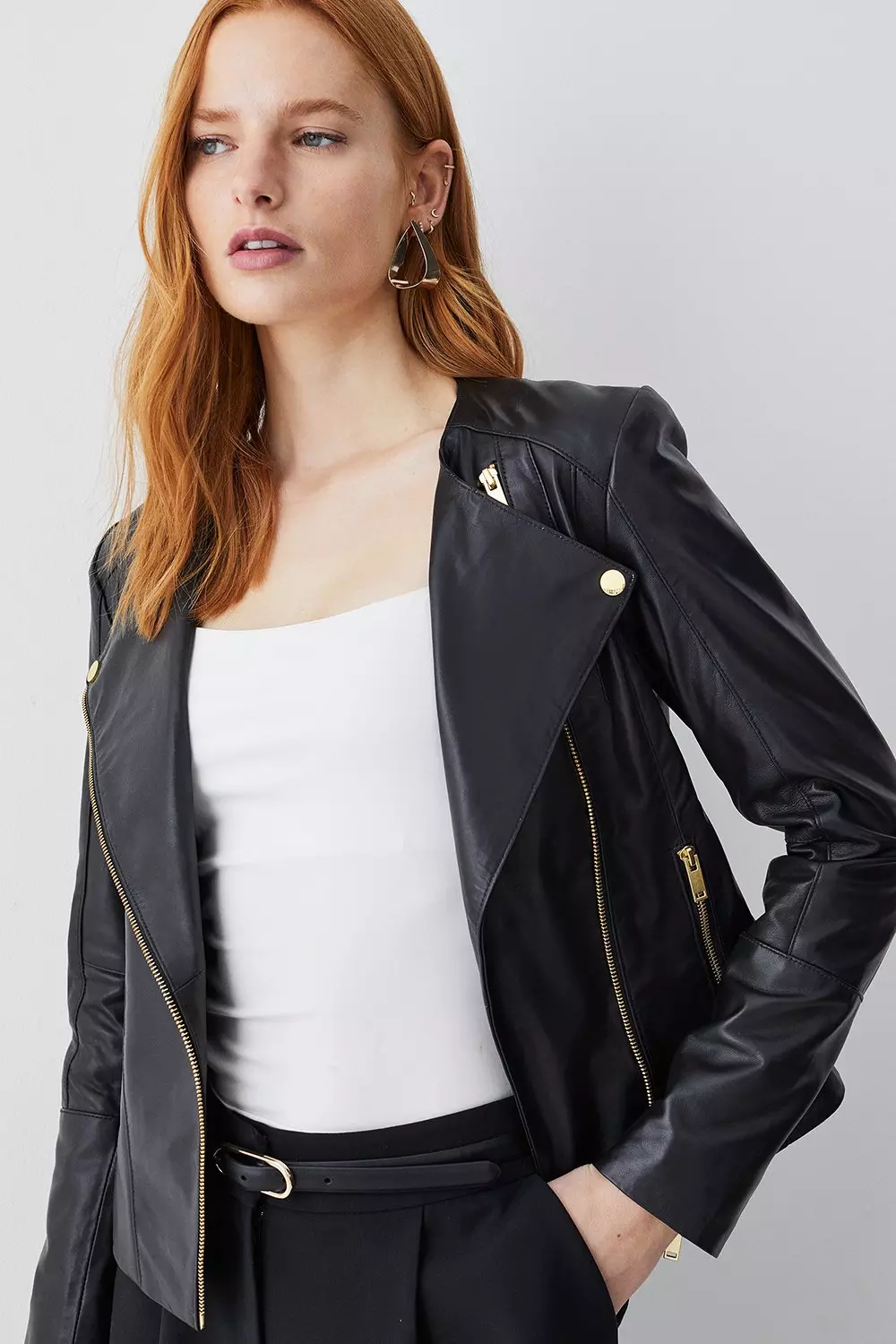 Leather Asymmetric Zip Through Collarless Moto Jacket | Karen Millen