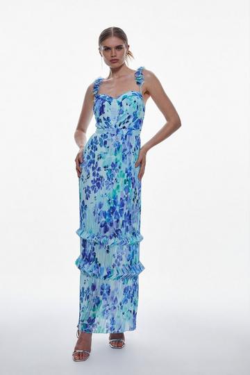 Pleat Detail Petal Print Strappy Woven Midi Dress blue