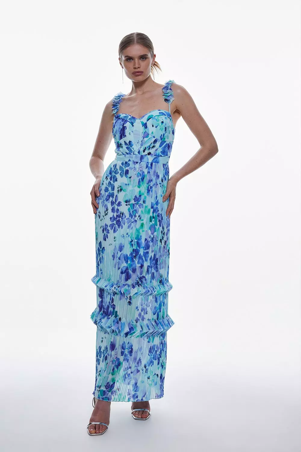 Pleat Detail Petal Print Strappy Woven Midi Dress | Karen Millen