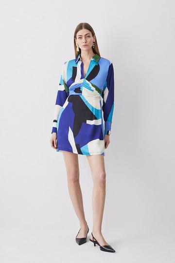 Abstract Color Block Draped Satin Mini Dress blue