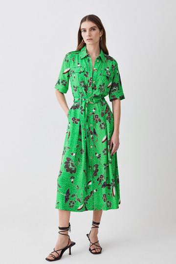 Green Tall Floral Batik Premium Linen Woven Shirt Dress