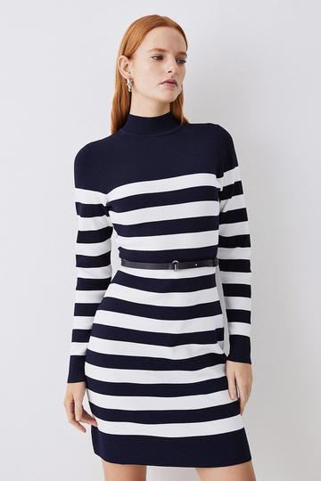 Tall Stripe Rib Knit Belted Mini Dress stripe
