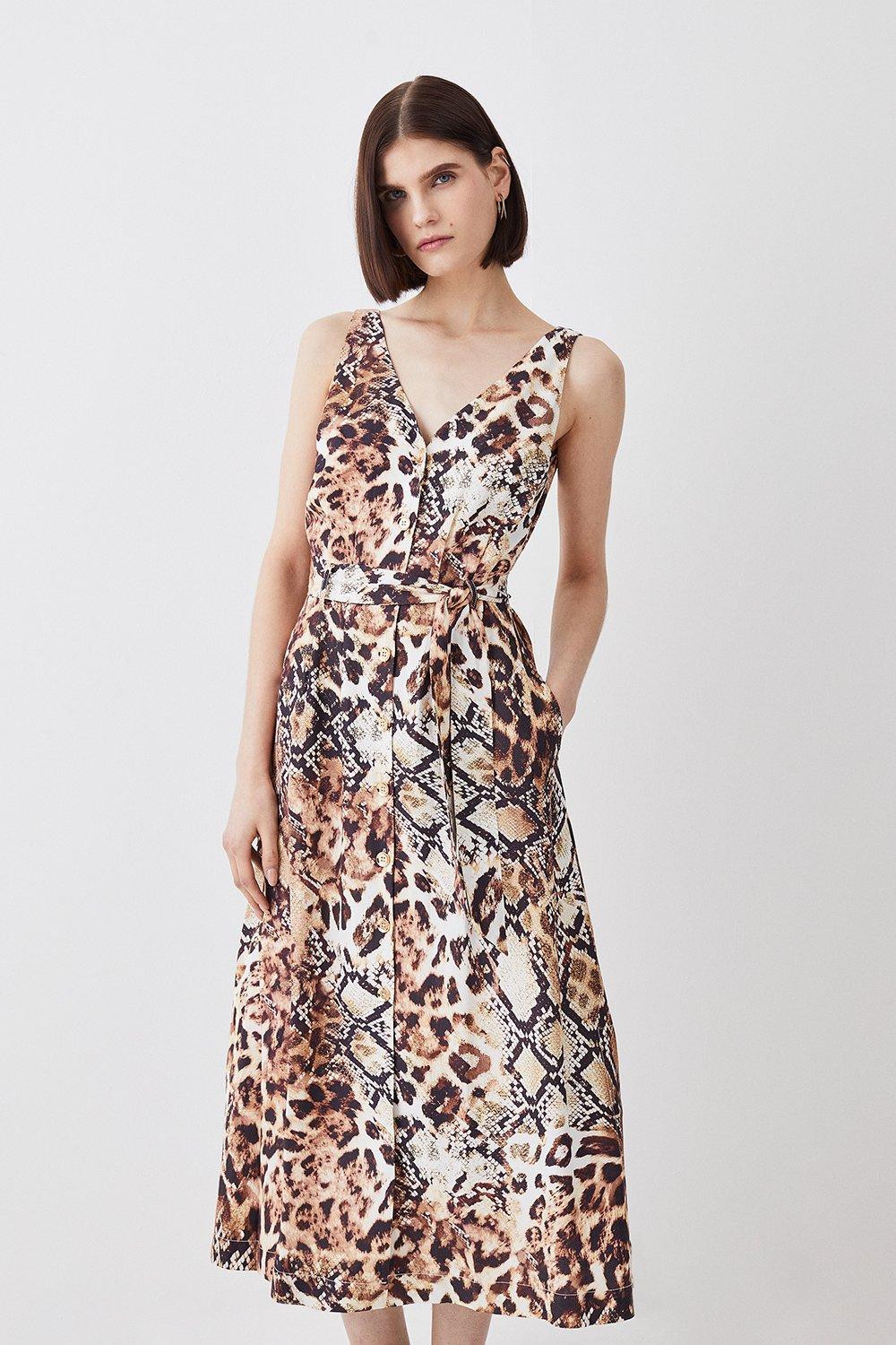 Animal Print Belted Premium Linen Woven Midi Dress Karen Millen