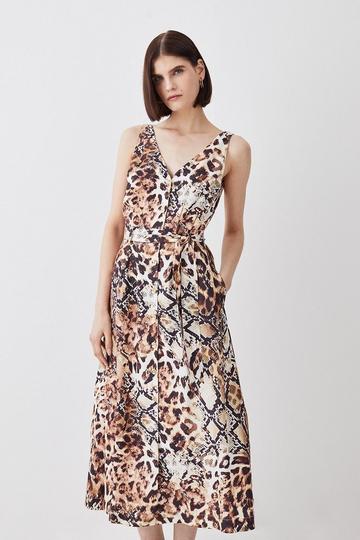 Multi Animal Print Belted Premium Linen Woven Midi Dress