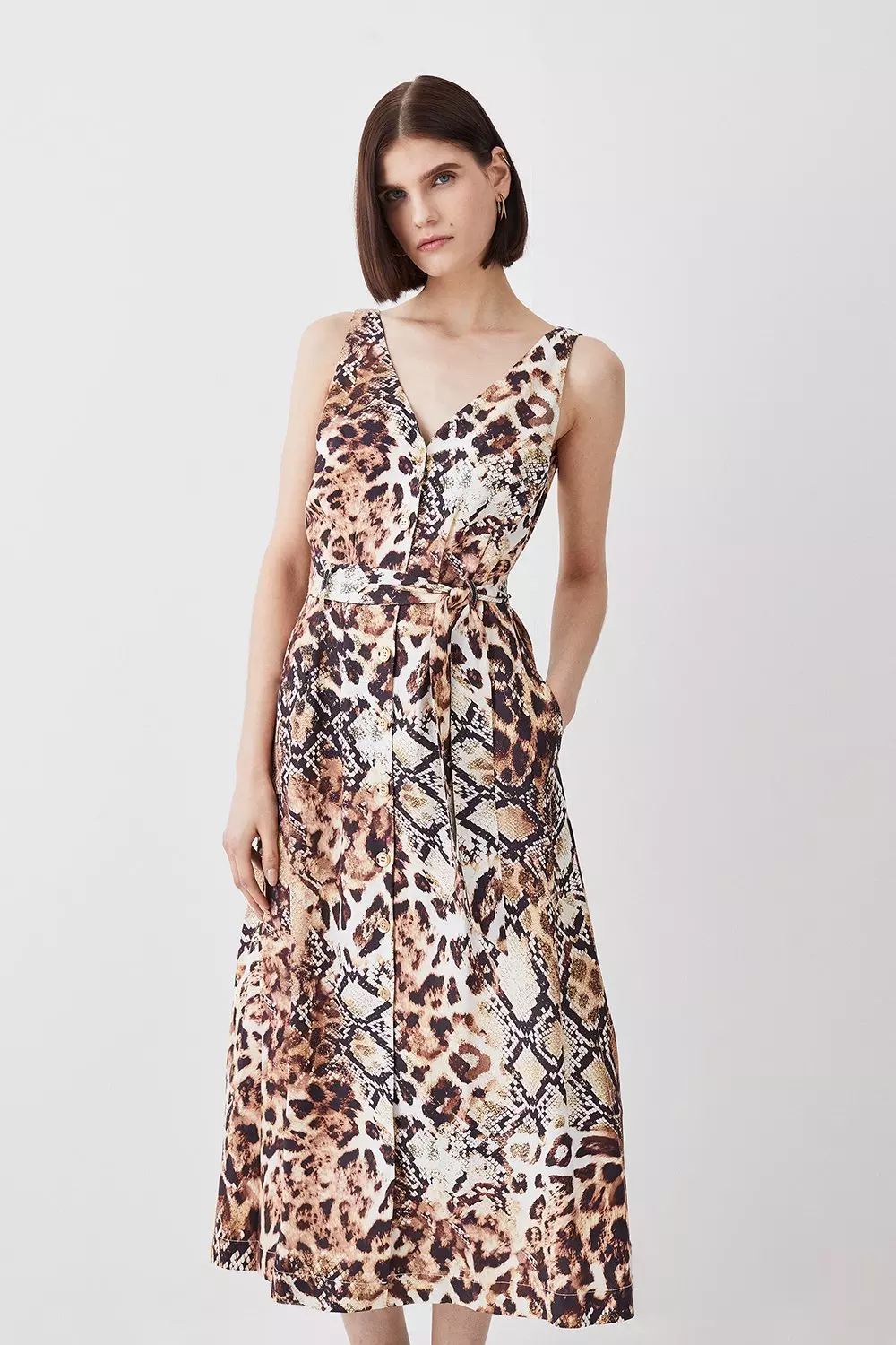 Animal Print Belted Premium Linen Woven Midi Dress Karen Millen