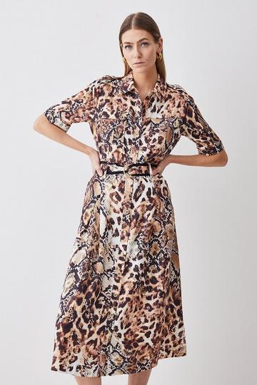 Multi Animal Print Premium Linen Woven Shirt Dress
