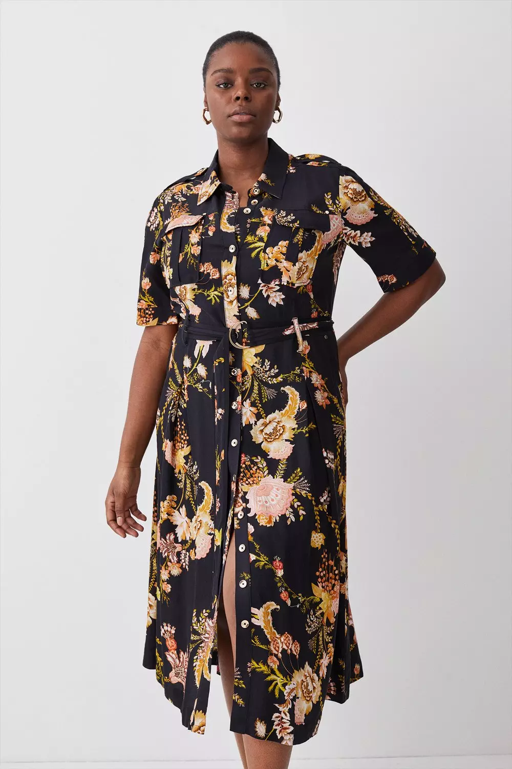 Dark floral woven maxi shirt dress online