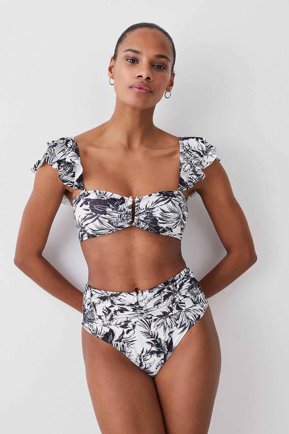 Mono Print Ruffle Bikini Top With Detachable Straps