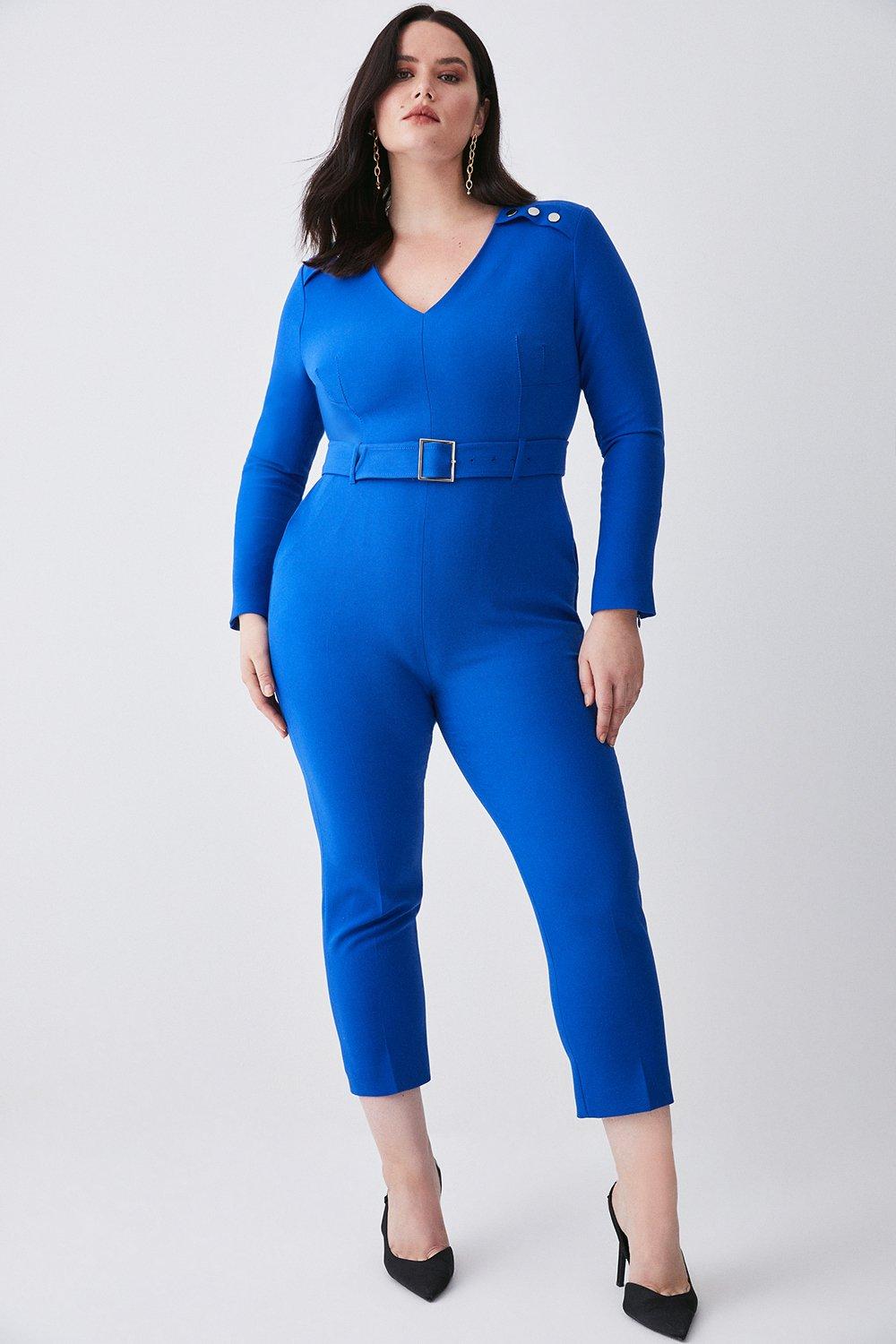 Plus Size Compact Stretch Button Detail Slim Leg Jumpsuit | Karen Millen