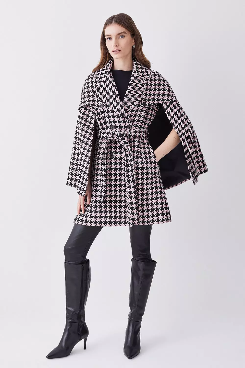 クラネ新品♡MIX HOUNDSTOOTH CAPE COAT Italian Wool Mix Boucle Short Cape Coat | Karen Millen