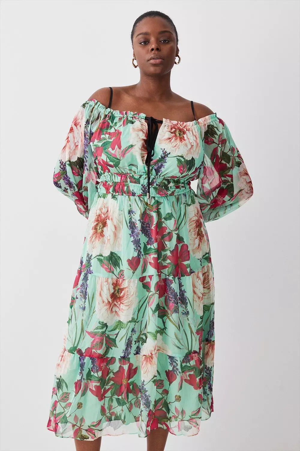 Plus Size Garden Botanical Print Bardot Woven Midi Dress Karen Millen