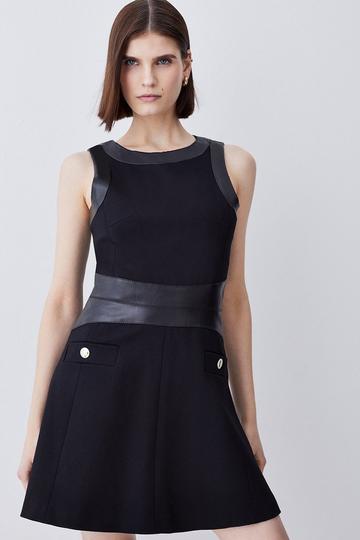 Black Ponte & Faux Leather A Line Flippy Mini Dress