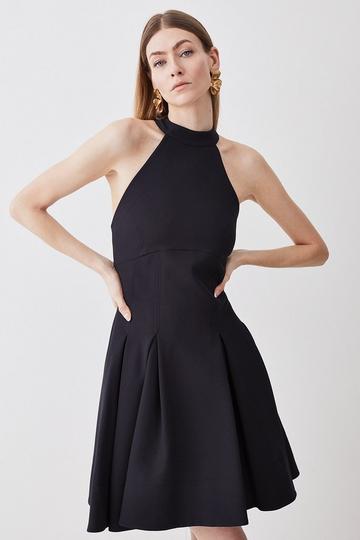 Tailored Pleated Halter Mini Dress black
