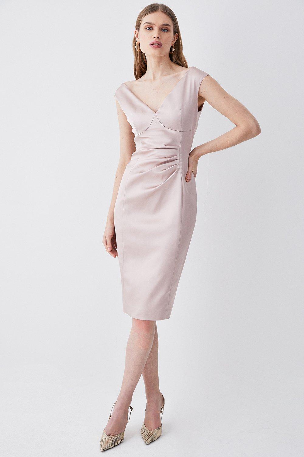 Blush Italian Structured Satin Off The Shoulder Pencil Midi Dress