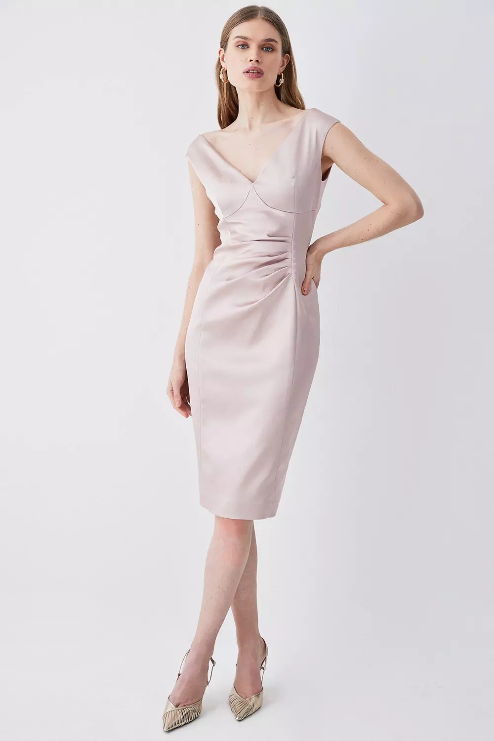 Italian Structured Satin Off The Shoulder Pencil Midi Dress Karen Millen