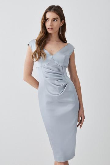 Italian Structured Satin Off The Shoulder Pencil Midi Dress silver