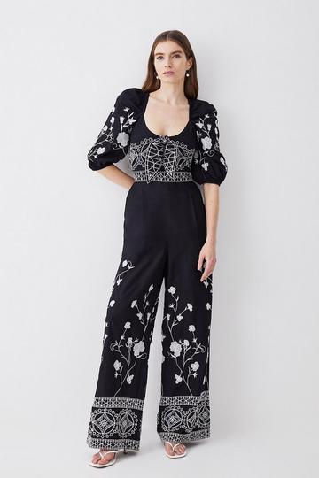 Tall Floral & Geo Embroidered Woven Jumpsuit