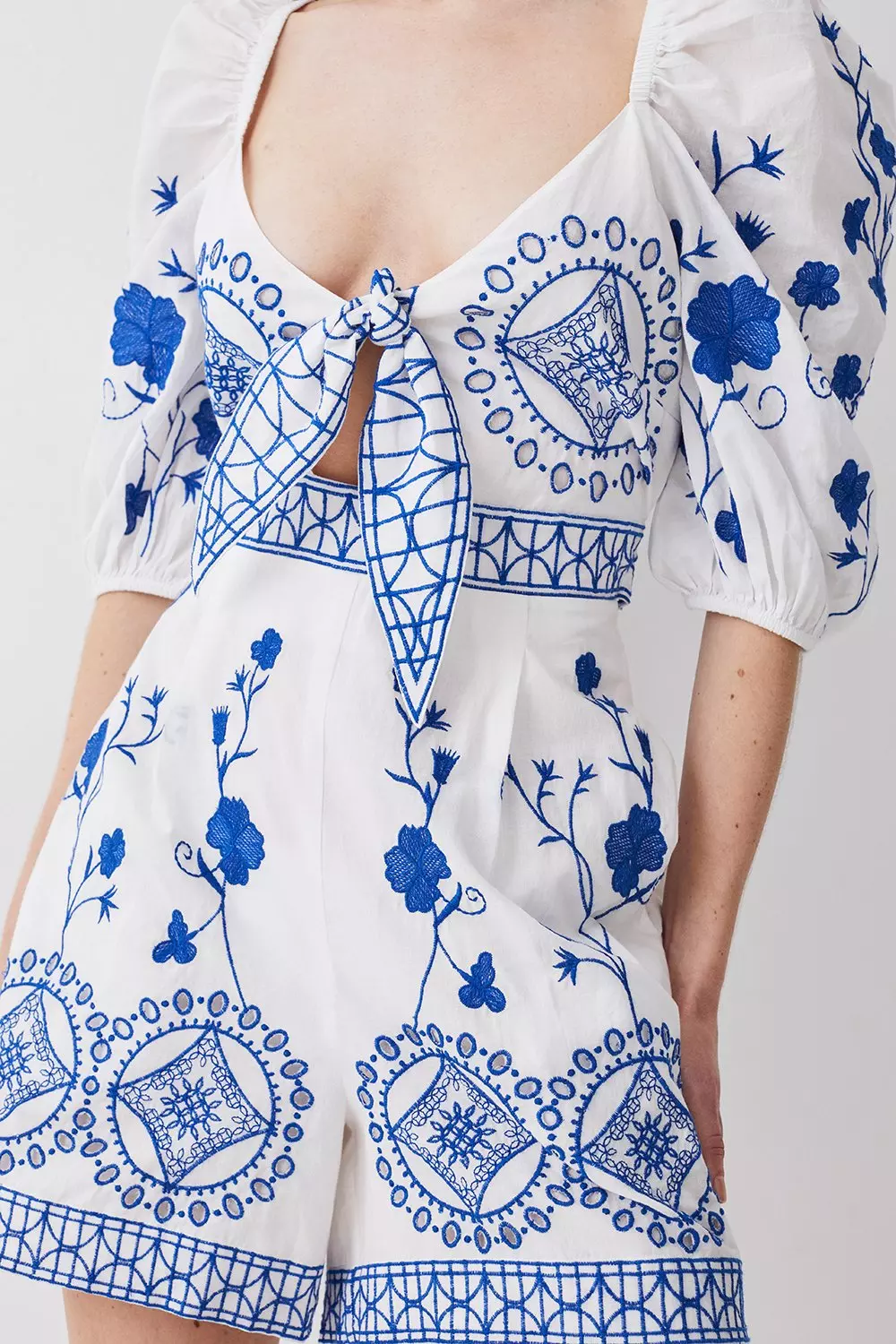 KAREN MILLEN ミディ ドレス 花柄 青 キャミ オフショルダー Lydia Millen Cutwork And Embroidery Bandeau Dress | Karen Millen