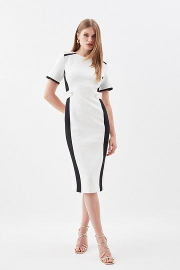 Compact Stretch Contrast Panel Midi Pencil Dress ivory