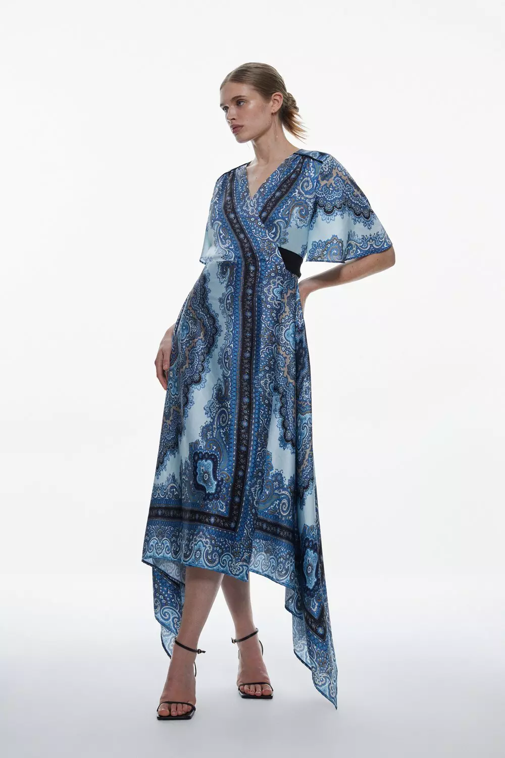 Scarf Printed Hammered Satin Woven Wrap Midi Dress Karen Millen