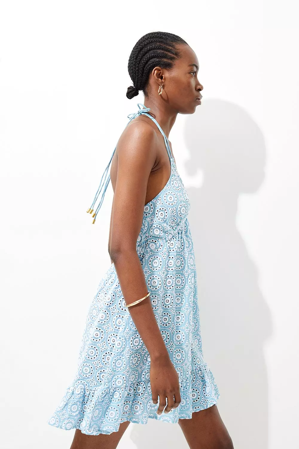 【KAREN MILLEN】リネン アシンメトリーショルダー フルドレス Beach Broderie Strappy Ruffle Hem Dress | Karen Millen