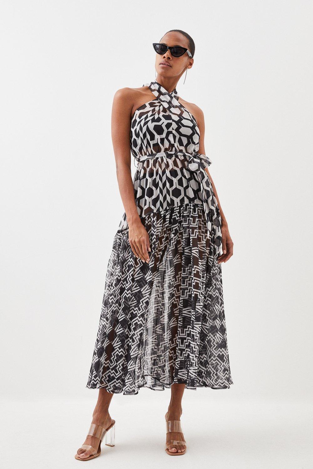 Graphic Geo Printed Halter Woven Beach Maxi Dress | Karen Millen