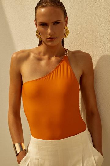 Orange One Shoulder Chain Strap Cut Out Swimsuit
