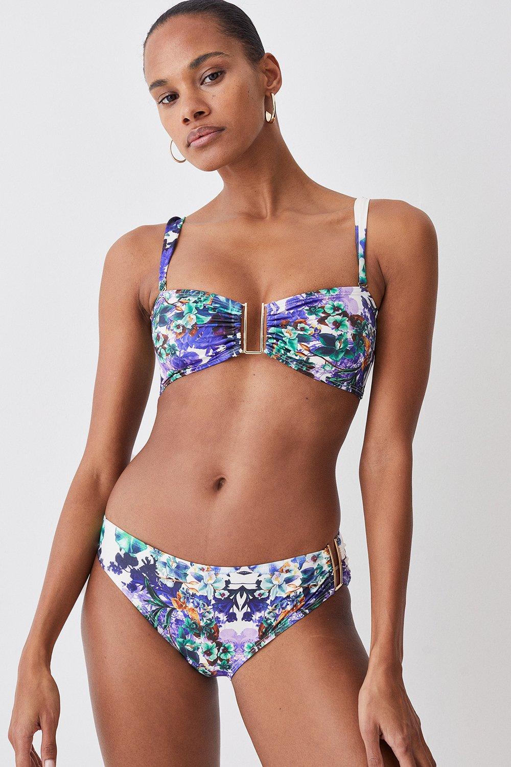 Purple Mirror Print Detachable Strap Gold Trim Bikini Top