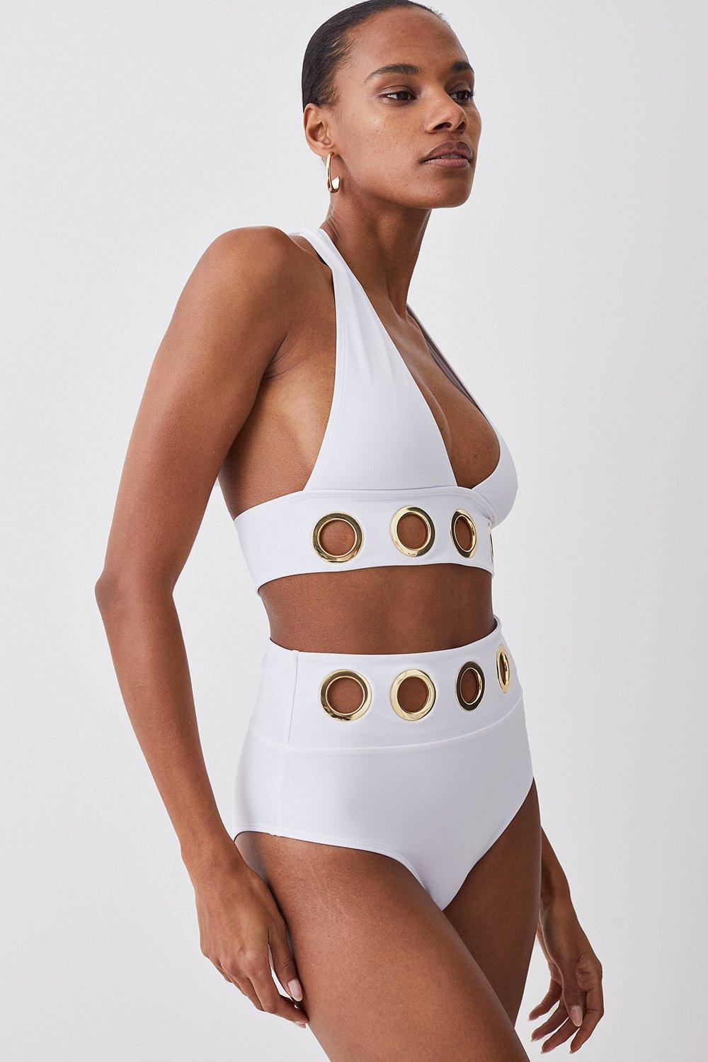 White Eyelet Detail High Waist Bikini Bottoms