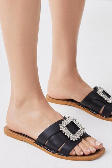 Leather Brooch Slip On Mule black