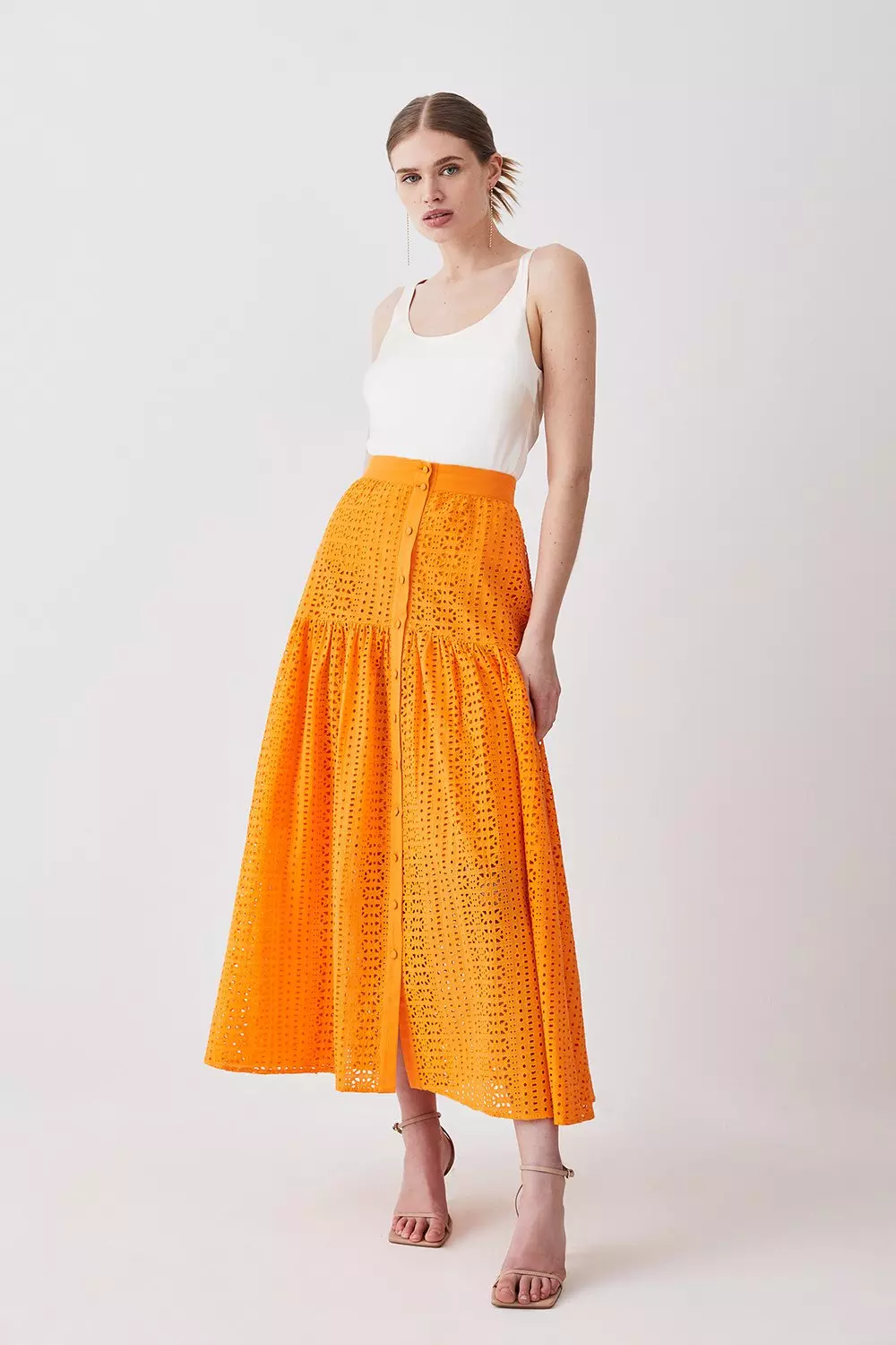 Cotton Broderie Woven Button Through Midi Skirt Karen Millen