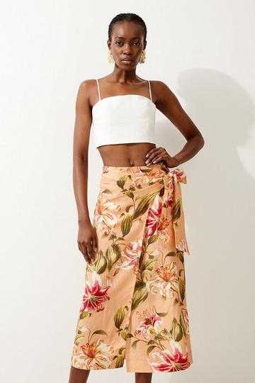 Linen Viscose Woven Wrap Tie Skirt floral