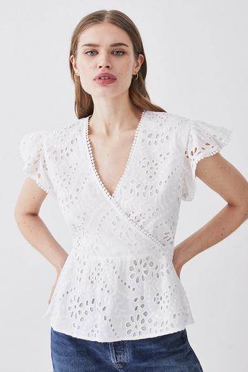 Cotton Broderie Ruffle Woven Sleeve Top white
