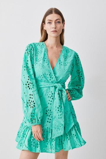 Green Cotton Eyelet Wrap Mini Dress