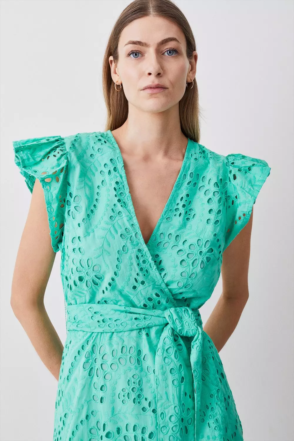 安心追跡【KAREN MILLEN】ベルベット プリーツ ミダクシドレス Cotton Eyelet Ruffle Sleeve Belted Midi Dress | Karen Millen