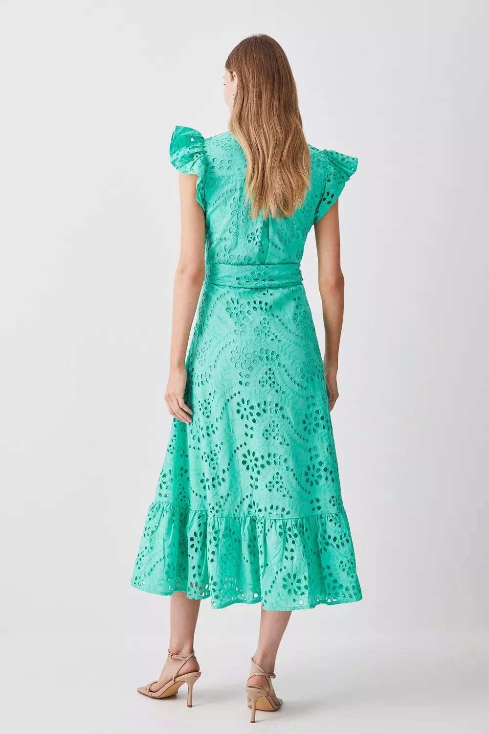 Cotton Eyelet Ruffle Sleeve Belted Midi Dress Karen Millen